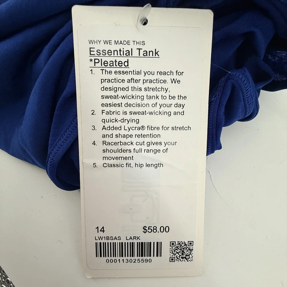 Lululemon Essential Pleated Tank Top‎ NWT SZ 14 Larkspur Scoop Sleeveless Yoga